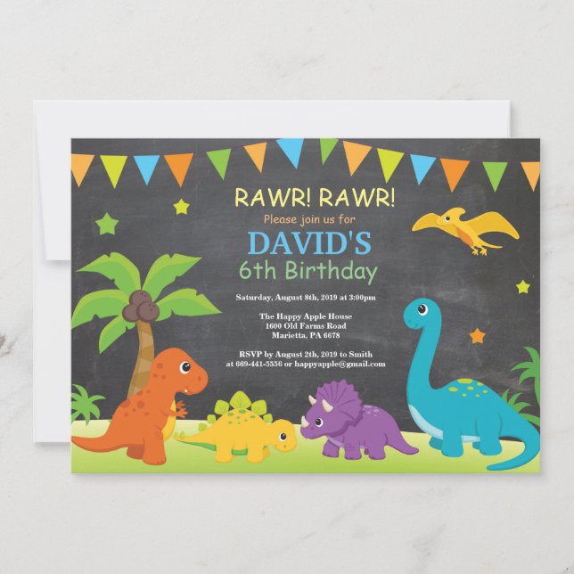 Invitación de cumpleaños de dinosaurio en pizarra  (Anverso)