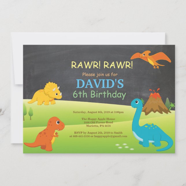 Invitación de cumpleaños de dinosaurio en pizarra  (Anverso)