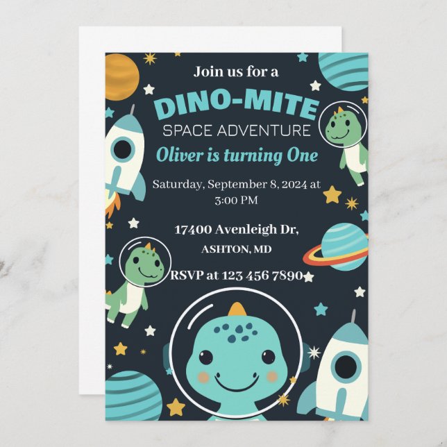 invitación de cumpleaños de dinosaurio espacial (Anverso / Reverso)