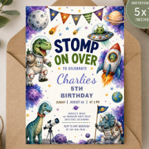 Invitación de cumpleaños de dinosaurio espacial