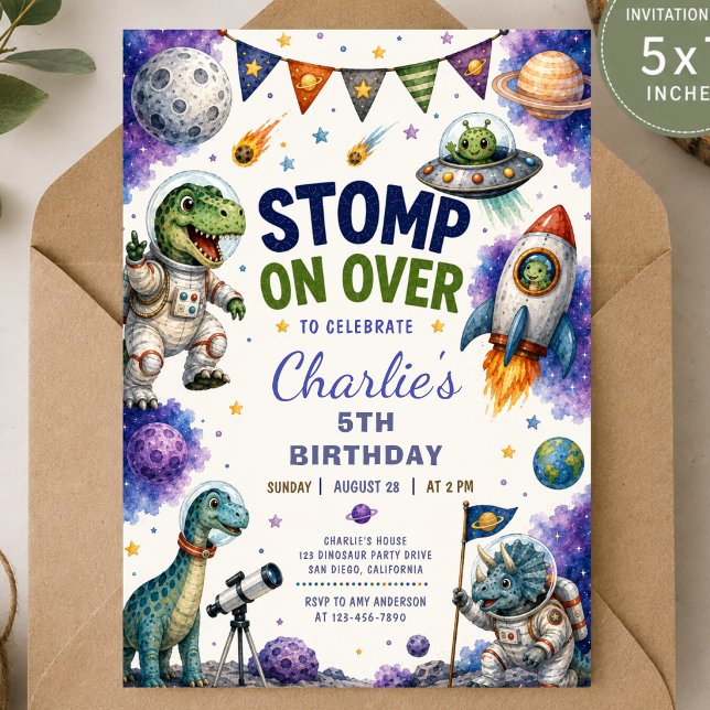 Invitación de cumpleaños de dinosaurio espacial (Subido por el creador)