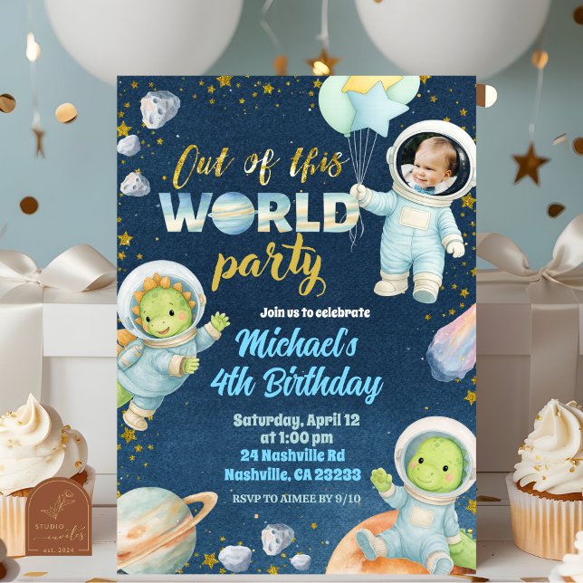 Invitación de cumpleaños de dinosaurio espacial co (Subido por el creador)