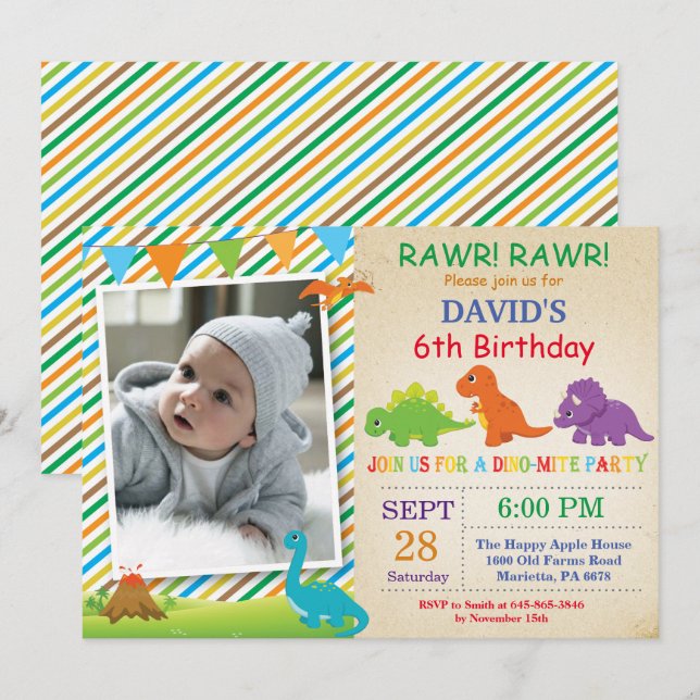 Invitación de cumpleaños de dinosaurio Fiesta de D (Anverso / Reverso)