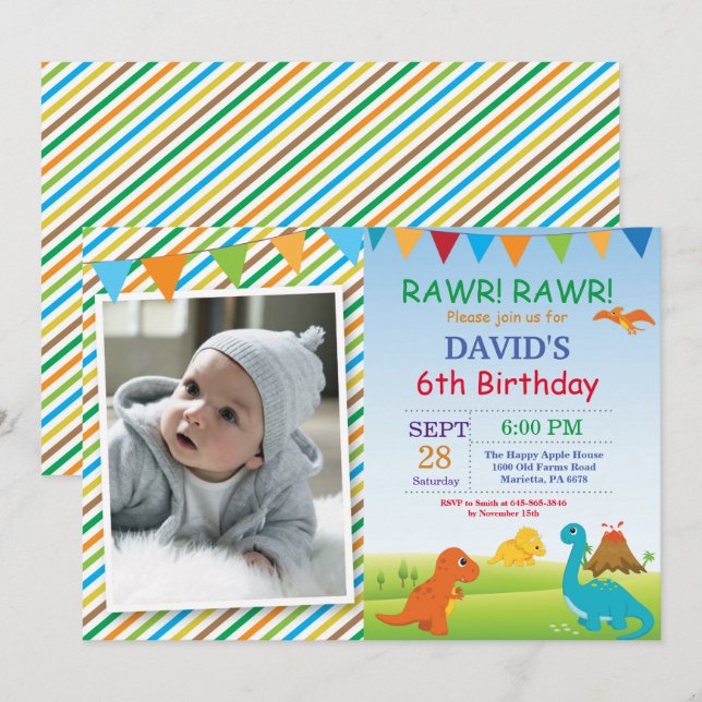 Invitación de cumpleaños de dinosaurio Fiesta de D (Anverso / Reverso)