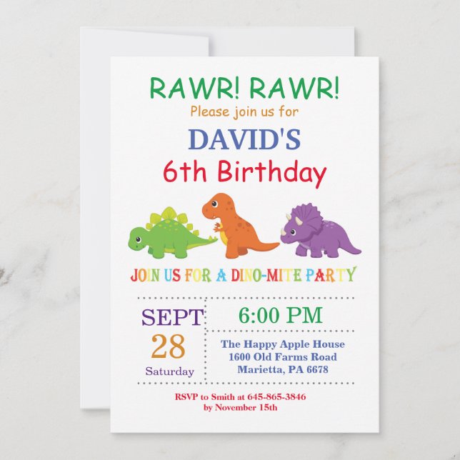 Invitación de cumpleaños de dinosaurio Fiesta de D (Anverso)
