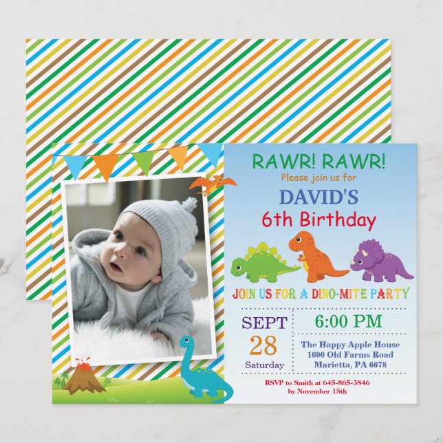 Invitación de cumpleaños de dinosaurio Fiesta de D (Anverso / Reverso)