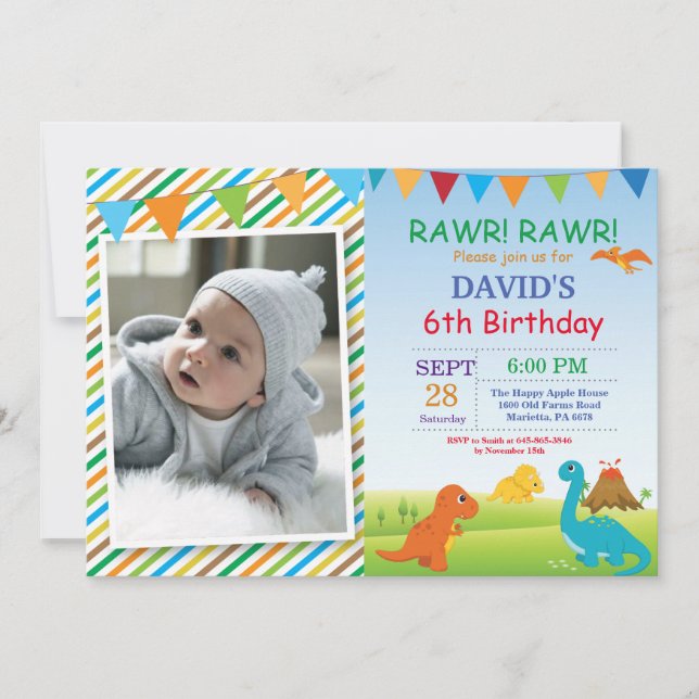 Invitación de cumpleaños de dinosaurio Fiesta de D (Anverso)