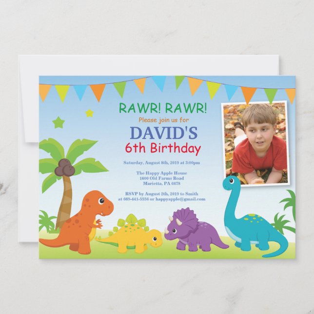 Invitación de cumpleaños de dinosaurio Fiesta de D (Anverso)