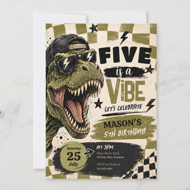 Invitación de cumpleaños de dinosaurio Five is a V (Anverso)