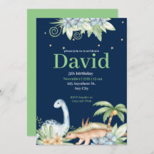 Invitación de cumpleaños de dinosaurio floral verd