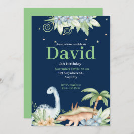 Invitación de cumpleaños de dinosaurio floral verd