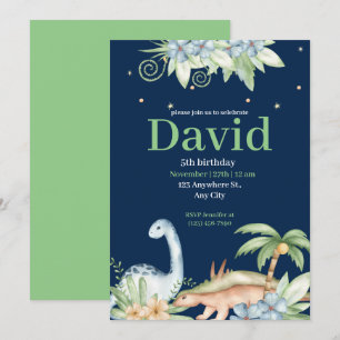 Invitación de cumpleaños de dinosaurio floral verd