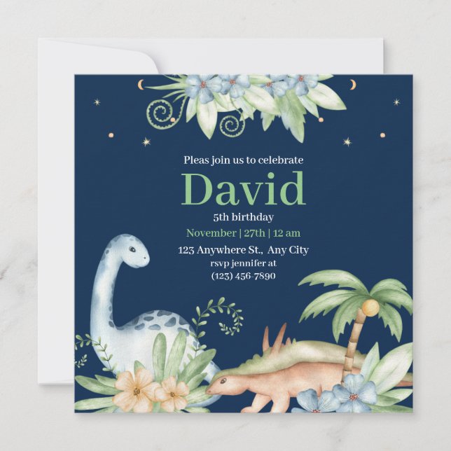 Invitación de cumpleaños de dinosaurio floral verd (Anverso)