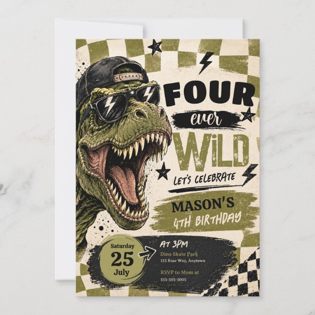 Invitación de cumpleaños de dinosaurio Four Ever W (Anverso)
