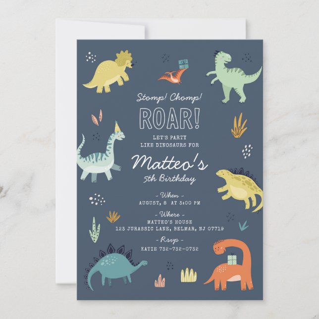 Invitación de cumpleaños de dinosaurio lindo (Anverso)