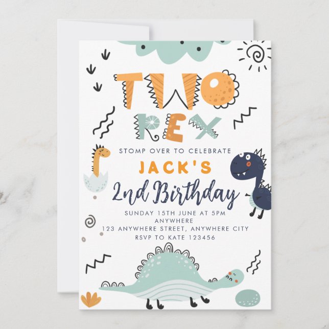 Invitación de cumpleaños de dinosaurio lindo dos R (Anverso)
