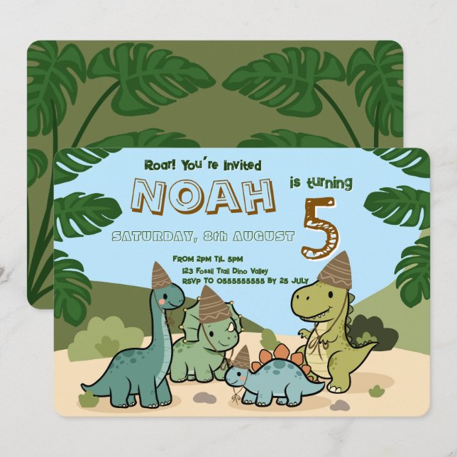 Invitación de cumpleaños de dinosaurio lindo | Edi (Anverso / Reverso)