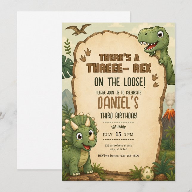 Invitación de cumpleaños de dinosaurio lindo para  (Anverso / Reverso)