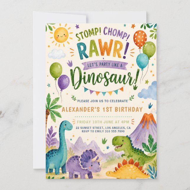 Invitación de cumpleaños de dinosaurio lindo para  (Anverso)