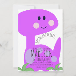 Invitación de cumpleaños de dinosaurio morado bril
