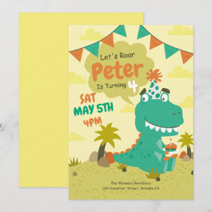 Invitación de cumpleaños de dinosaurio, niño dinos