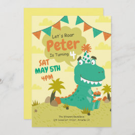 Invitación de cumpleaños de dinosaurio, niño moder