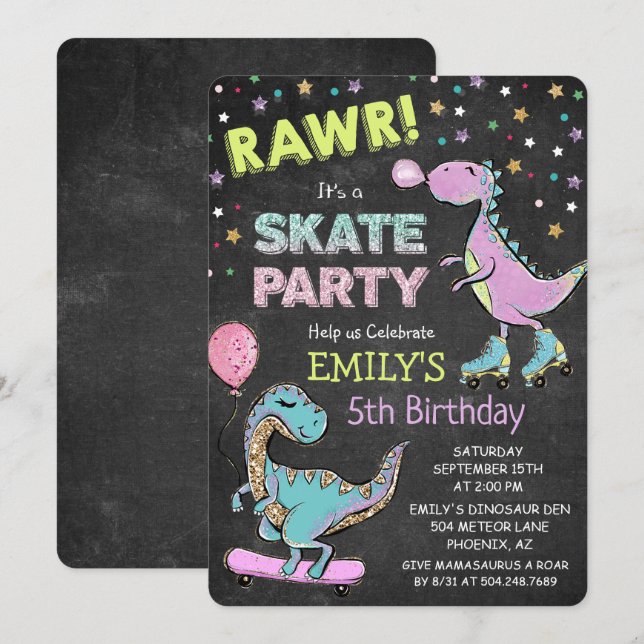 INVITACIÓN DE CUMPLEAÑOS DE DINOSAURIO PARA CUALQU (Anverso / Reverso)