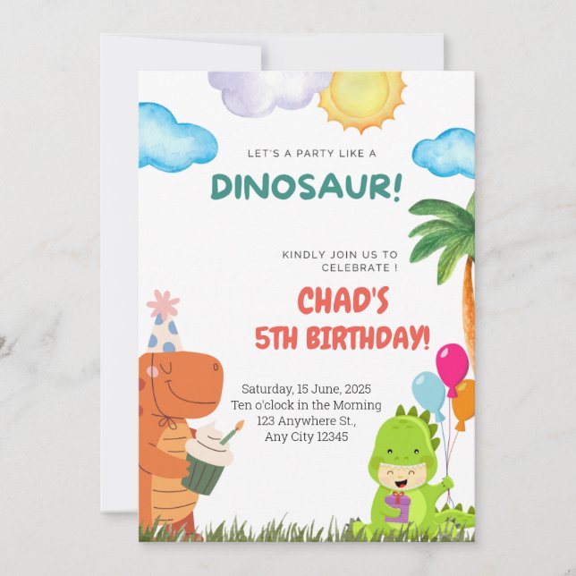 Invitación de cumpleaños de dinosaurio para cualqu (Anverso)