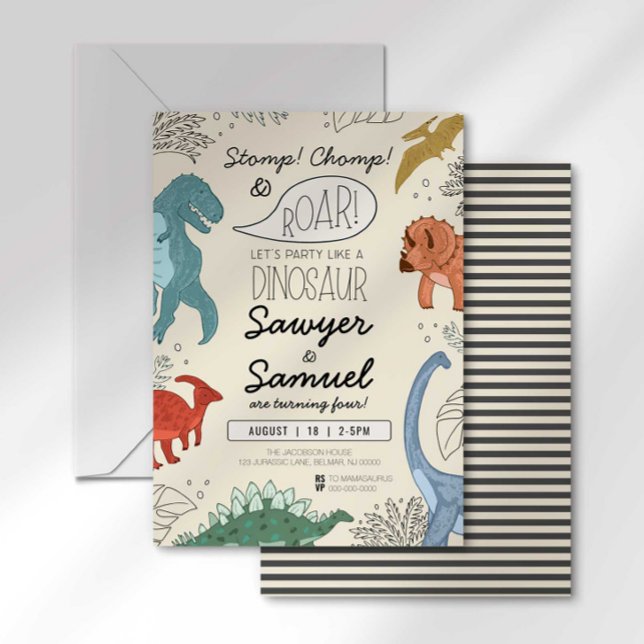 Invitación de cumpleaños de dinosaurio para gemelo (Subido por el creador)