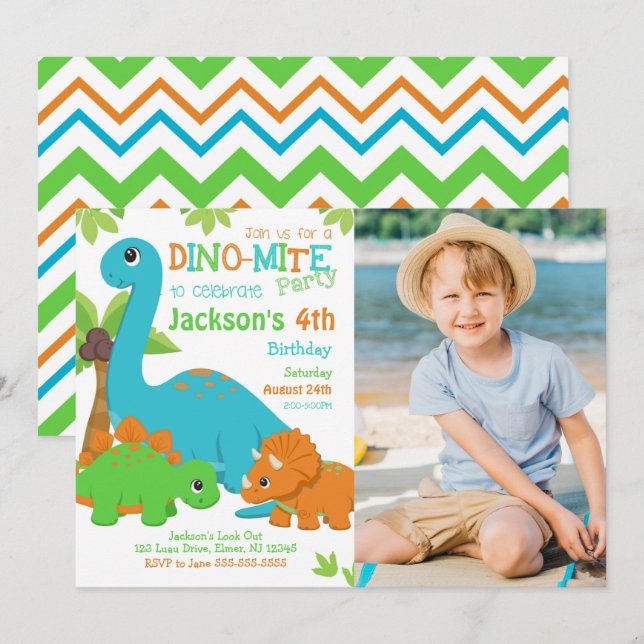 Invitación de cumpleaños de dinosaurio para niño / (Anverso / Reverso)