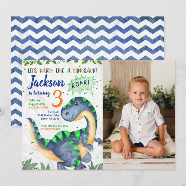 Invitación de cumpleaños de dinosaurio para niño (Anverso / Reverso)