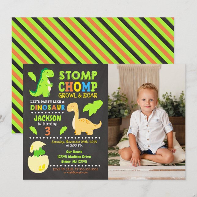 Invitación de cumpleaños de dinosaurio para niño (Anverso / Reverso)