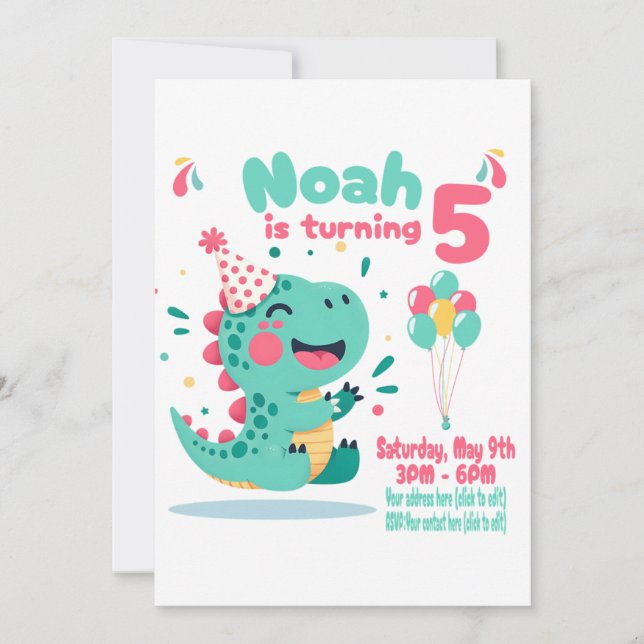 Invitación de cumpleaños de dinosaurio para niños  (Anverso)