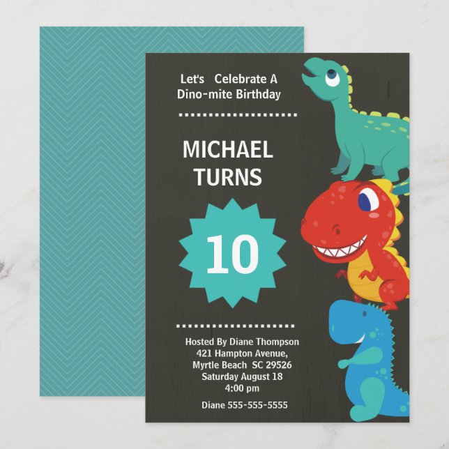 Invitación de cumpleaños de dinosaurio para niños  (Anverso / Reverso)