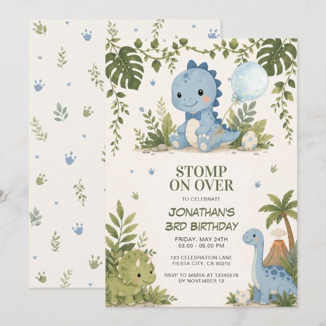 Invitación de cumpleaños de dinosaurio para pisote (Anverso / Reverso)