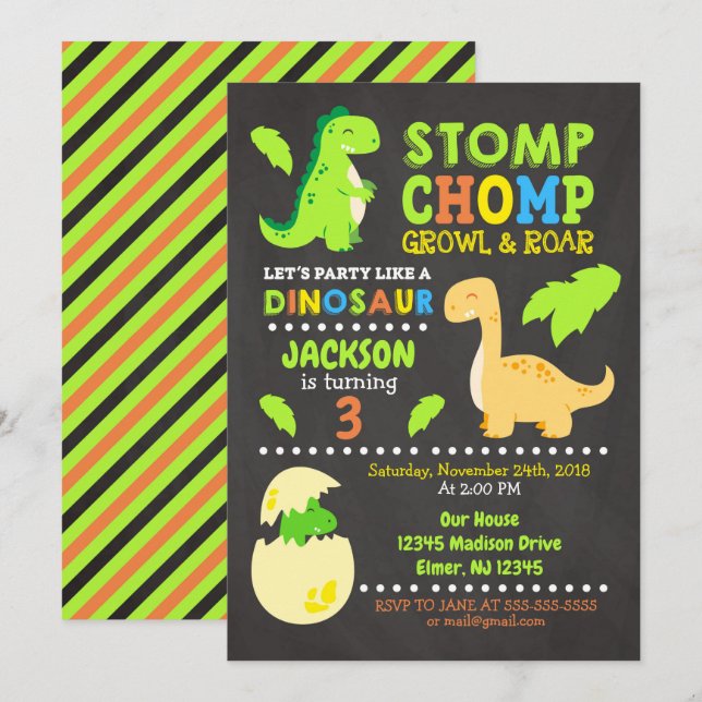 Invitación de cumpleaños de dinosaurio para un niñ (Anverso / Reverso)