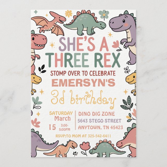 Invitación de cumpleaños de dinosaurio pastel (Anverso)