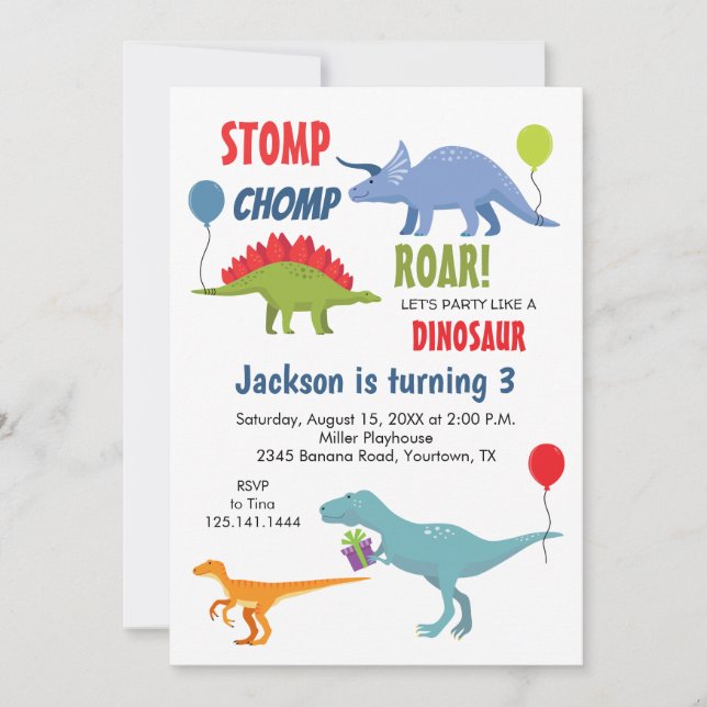 Invitación de cumpleaños de dinosaurio pisotea rug (Anverso)