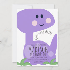 Invitación de cumpleaños de dinosaurio púrpura lin