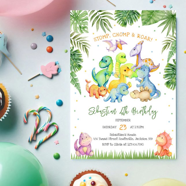 Invitación de cumpleaños de dinosaurio que pisotea (Subido por el creador)