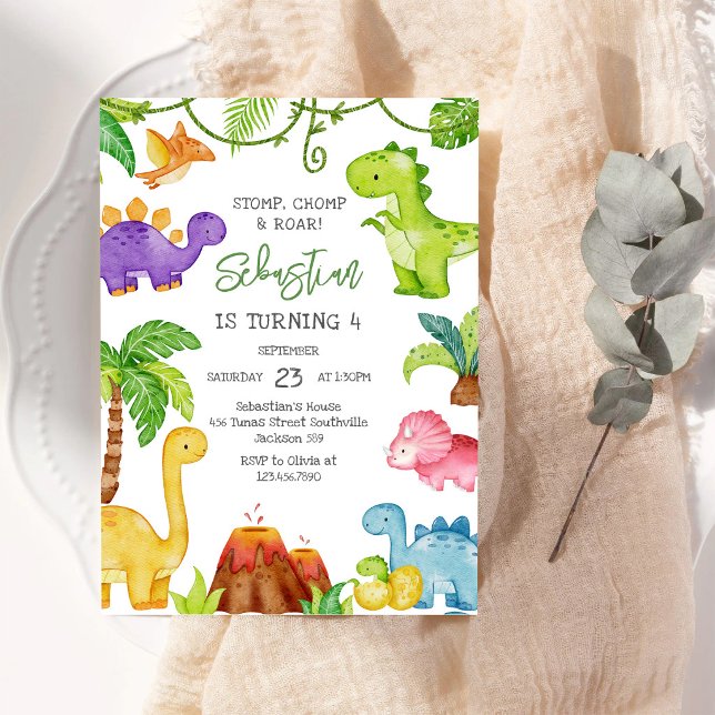 Invitación de cumpleaños de dinosaurio que pisotea (Subido por el creador)