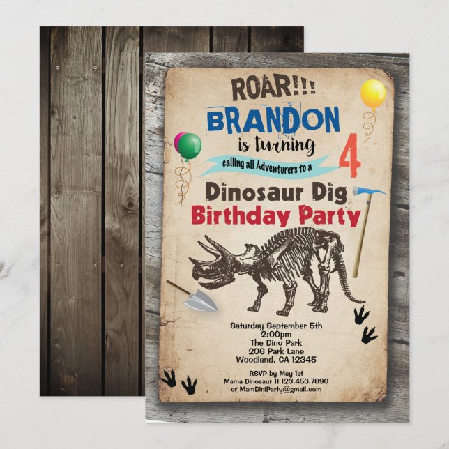 Invitación de cumpleaños de dinosaurio realista (Anverso / Reverso)