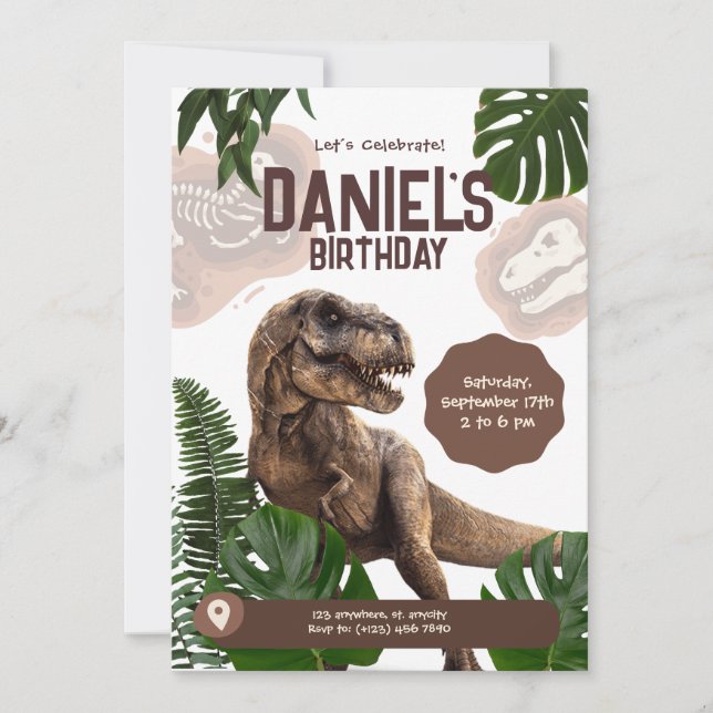 Invitación de cumpleaños de dinosaurio realista ed (Anverso)