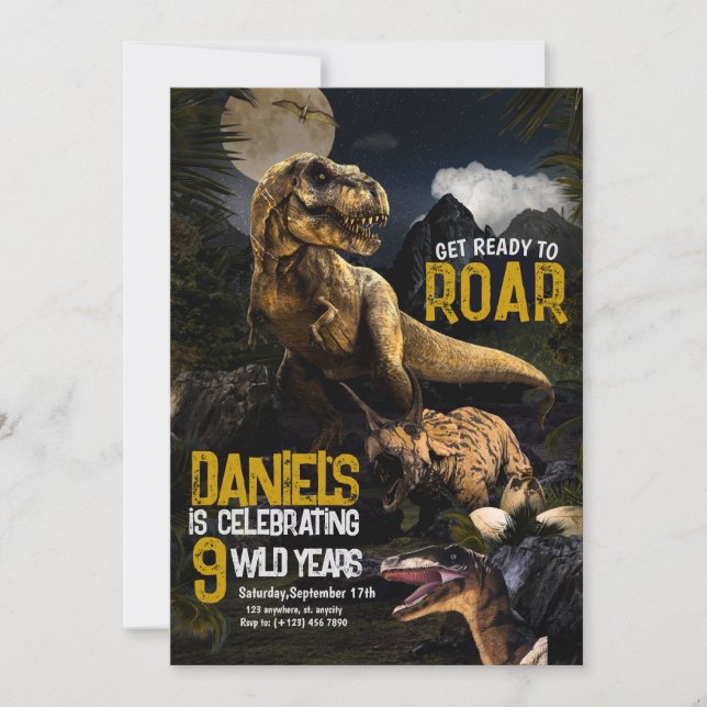 Invitación de cumpleaños de dinosaurio realista ge (Anverso)