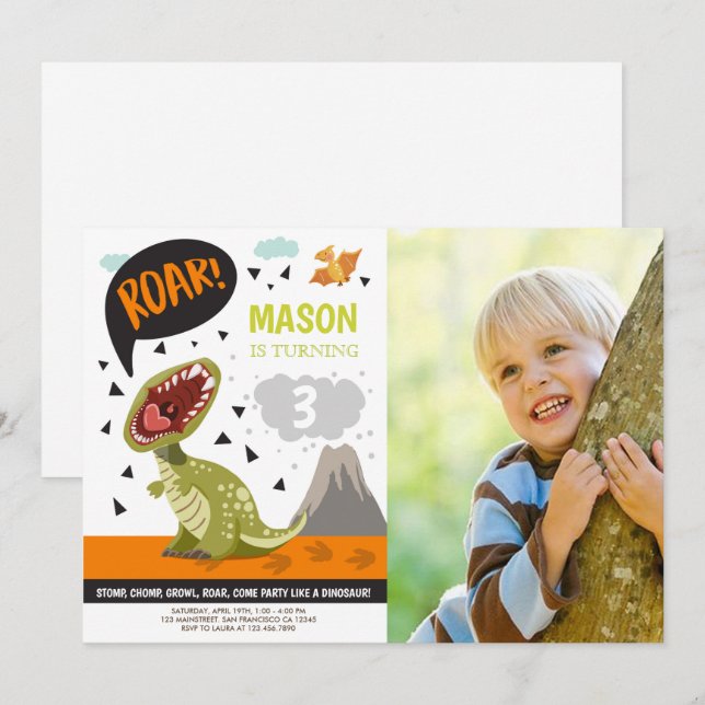 Invitación de cumpleaños de dinosaurio ROAR Dino S (Anverso / Reverso)