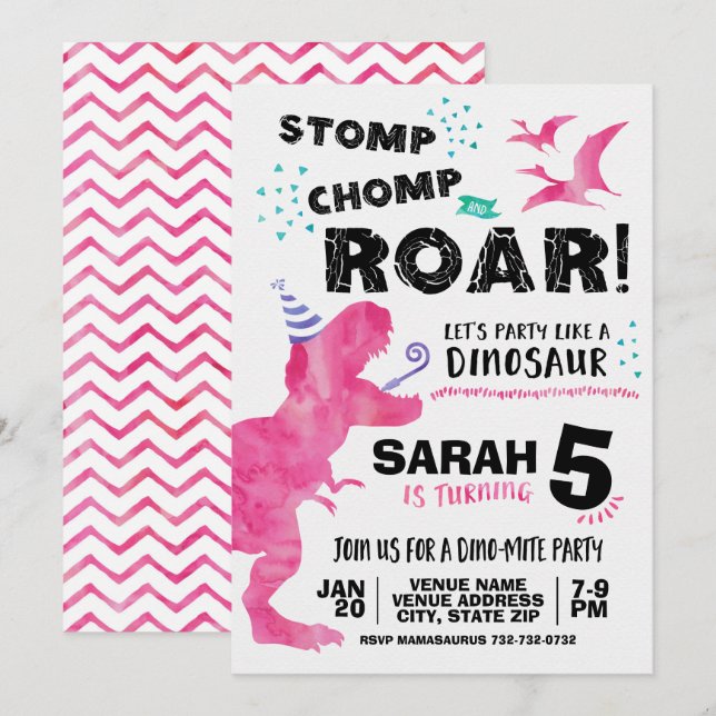 Invitación de cumpleaños de dinosaurio rosa (Anverso / Reverso)