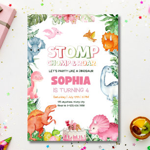 Invitación de cumpleaños de dinosaurio rosa niña d