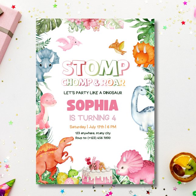 Invitación de cumpleaños de dinosaurio rosa niña d (Subido por el creador)