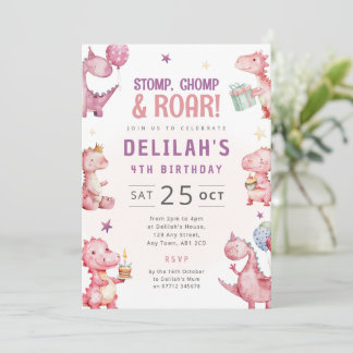 Invitación de cumpleaños de dinosaurio rosa para n
