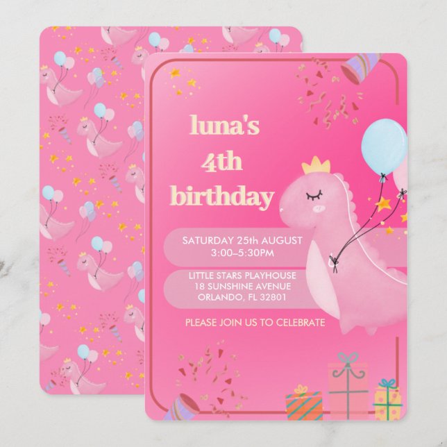Invitación de cumpleaños de dinosaurio rosa person (Anverso / Reverso)